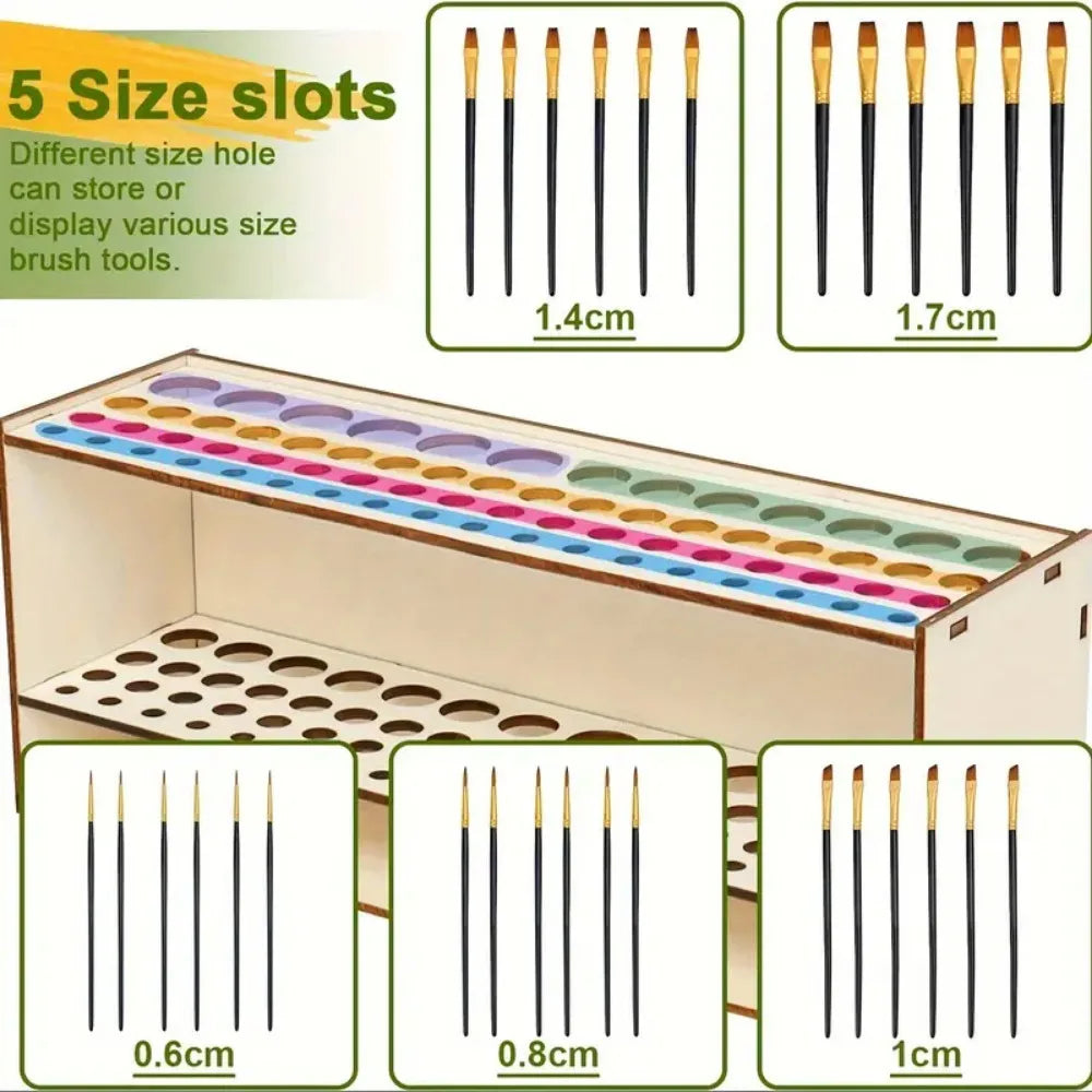 Wooden Brush Holder 67-Slot Premium Double-layer Durable Artist Desk Organizer Pencil Paint Brushes Storage Art Craft