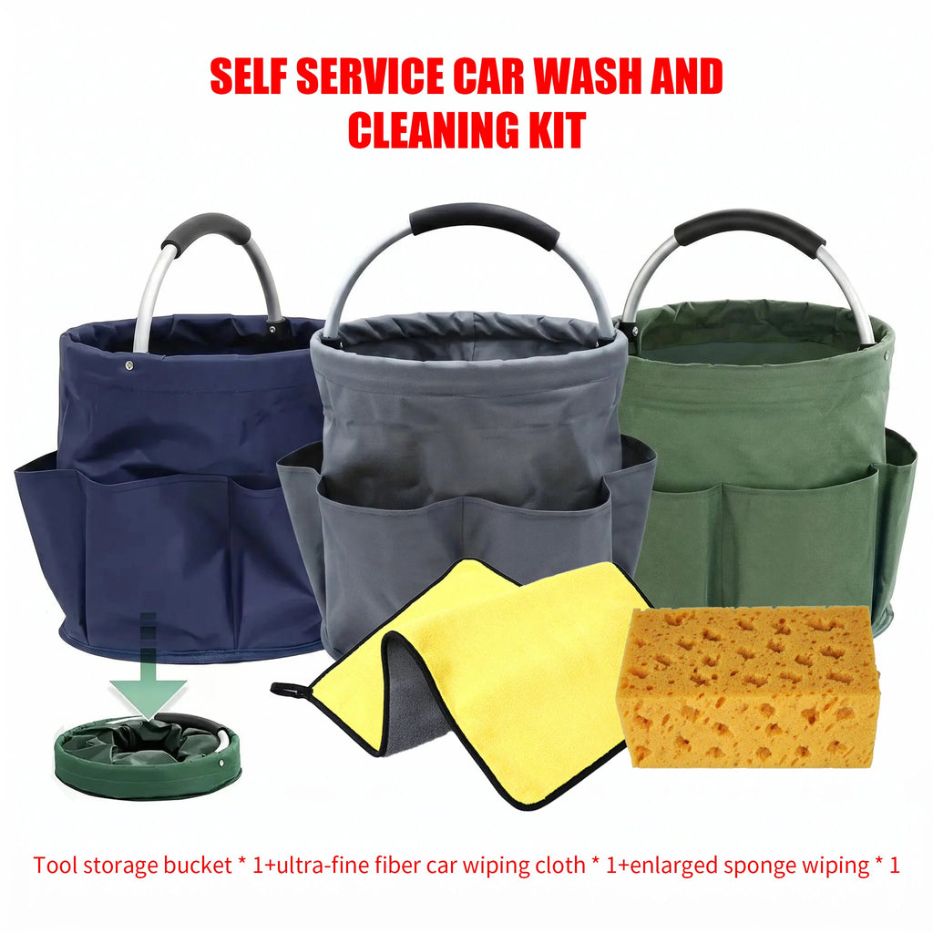 1Set Car Wash Kit: Foldable Tool Bucket, Thick Sponge Wipe, Microfiber Absorbent Towel, Household Auto Cleaning Accessory