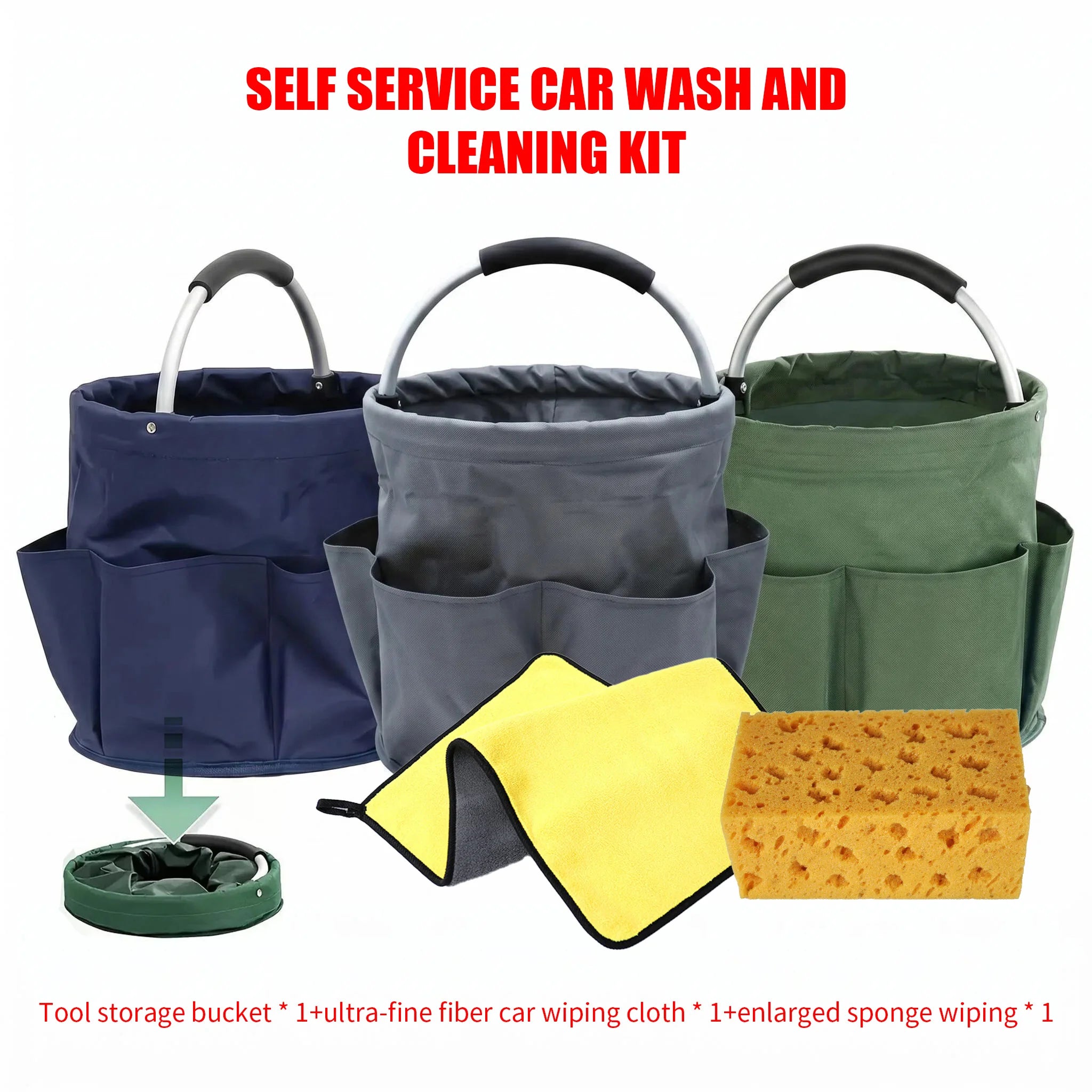 1Set Car Wash Kit: Foldable Tool Bucket, Thick Sponge Wipe, Microfiber Absorbent Towel, Household Auto Cleaning Accessory