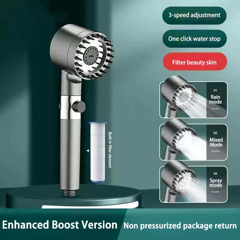 High Pressurized Filter Shower Head 3-mode Adjustable Spray With Massage Brush Rain Faucet Shower Set Bathroom Accessory