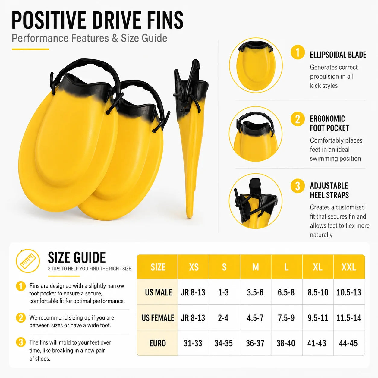 Swim Training Fins for All Strokes Ergonomic Fit Adjustable Heel Strap Comfortable Swimming Gear