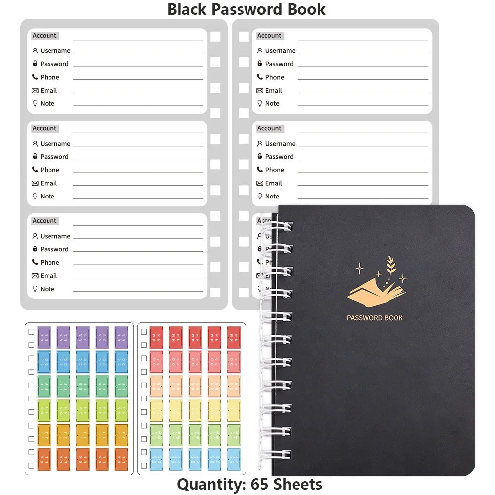 65 sheets Simple Coil Password Book With A-Z Stickers Advanced Address Password Manager Quick Access Username Password Storage