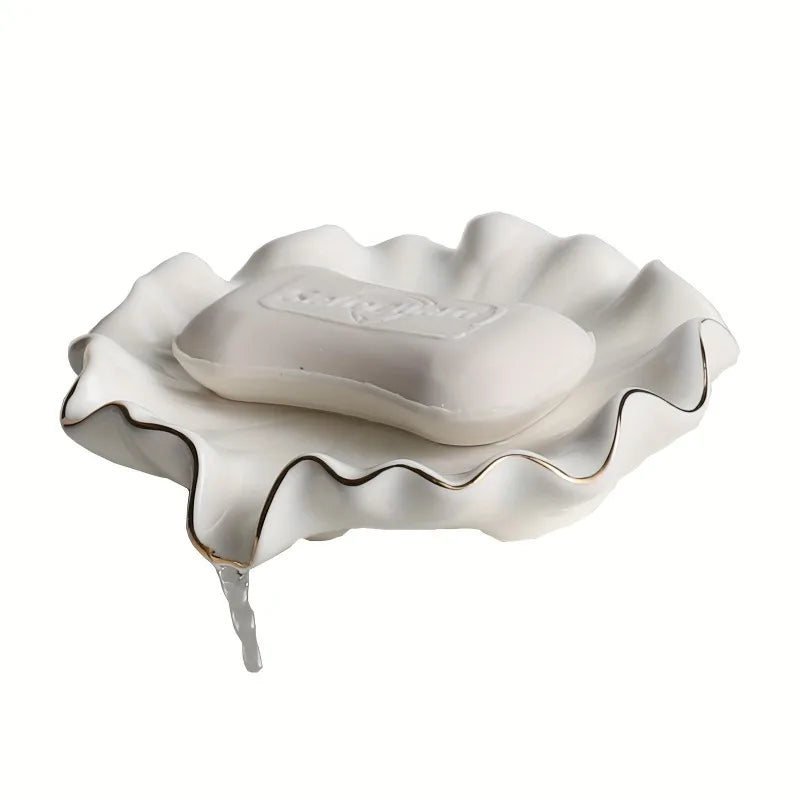 1pc Elegant White Ceramic Soap Dish with Golden Rim,Shell-Inspired Design, Round for Lotus Leaf Shape Holder