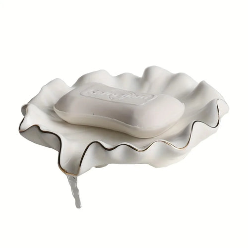 1pc Elegant White Ceramic Soap Dish with Golden Rim,Shell-Inspired Design, Round for Lotus Leaf Shape Holder